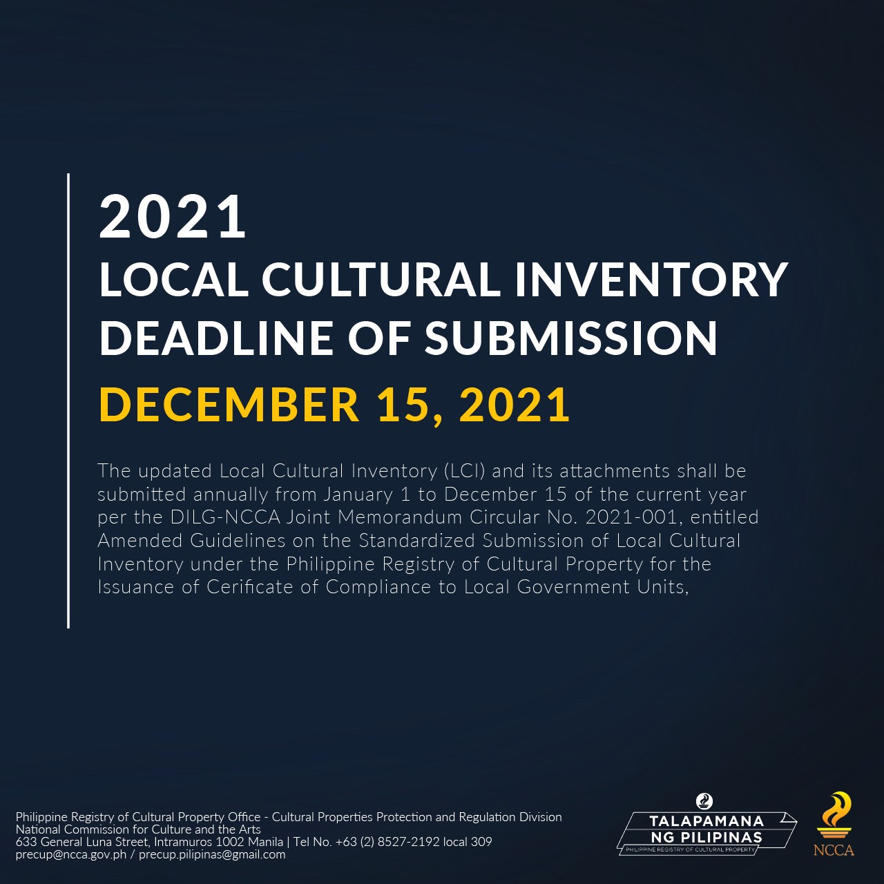 2021 Local Cultural Inventory Deadline of Submission